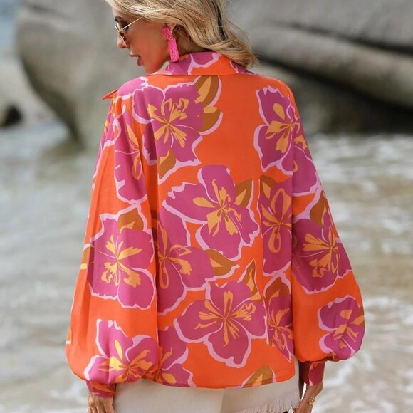 Orange Boho Womens Floral Print Lantern Sleeve Shirt - Picture 2 of 5